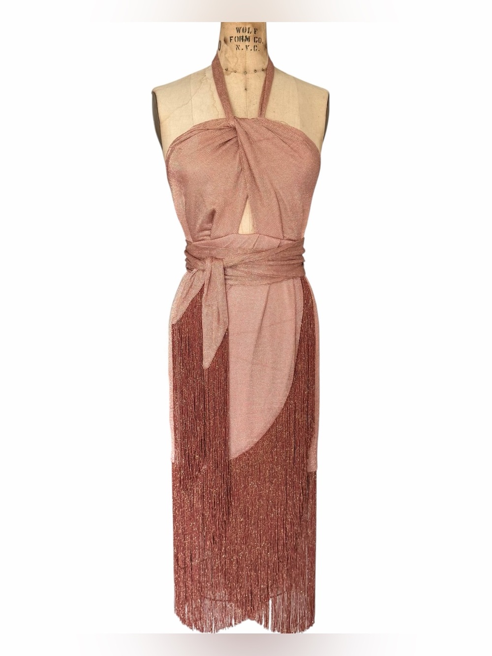 AZULU Colombia Metallic Rose Gold Fringe Halter Maxi Dress Size S